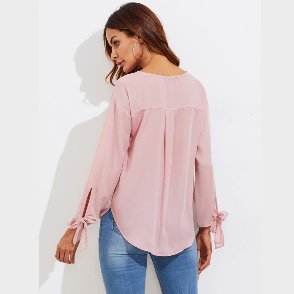 Pink Faux Wrap Blouse with Ties Detailed Sleeves - Picture 5 of 6